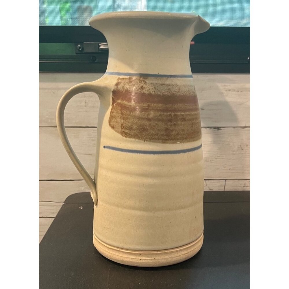 Vintage Farm House Handcrafted Stoneware Pitcher With Earthy Brown & Blue Stripe